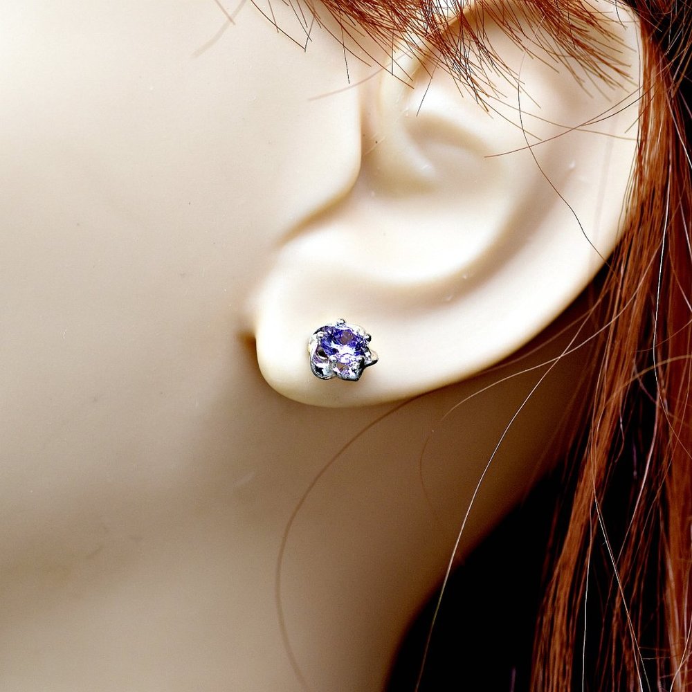 Earrings Faux Amethyst Faceted Glass Silver Plated Setting Ear Studs Birthstone